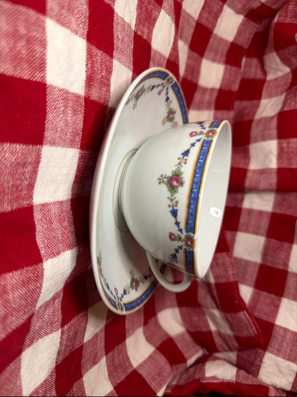 Classic Floral Porcelain Teacup and Saucer - White with Blue and Pink Accents
